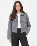 Aurev London Jill cropped boucle jacket in Grey worn by model - front hero