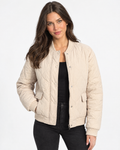 Aurev London Bronwen Polished Quilted Bomber Jacket in Beige - model front hero shot