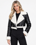 Aurev London Kaye Cropped Shearling Leather Jacket in Black - model front hero shot