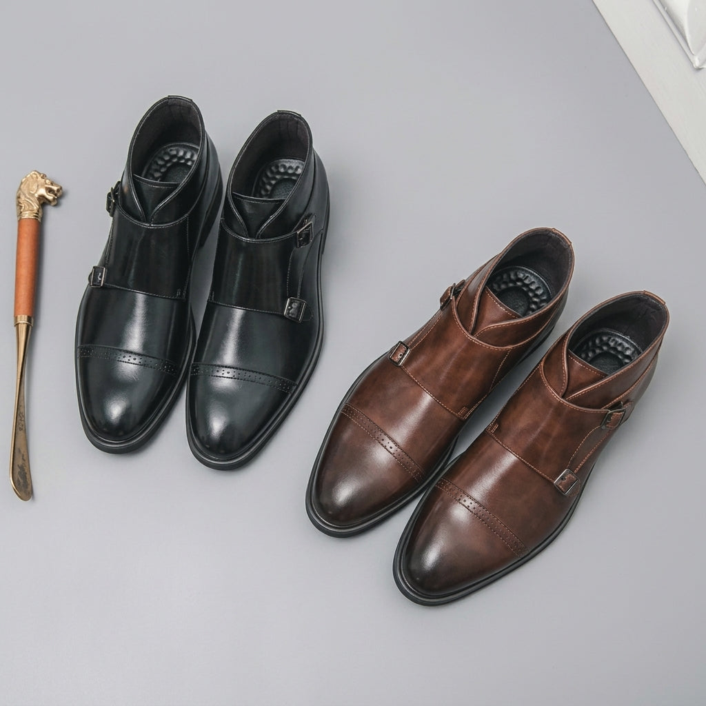 Octavian | Polished Leather Monk Strap Ankle Boots for Men
