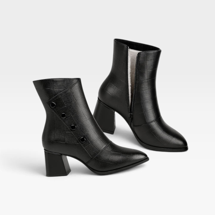 Ursula | Sleek Pointed Toe Leather Block Heel Boots Women