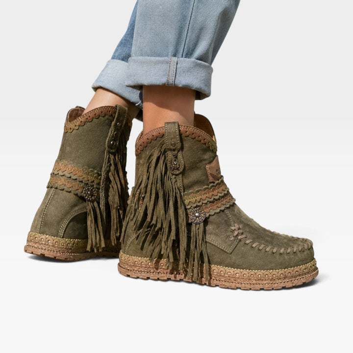 Persephone | Earthy Suede Fringe Ankle Boots Women