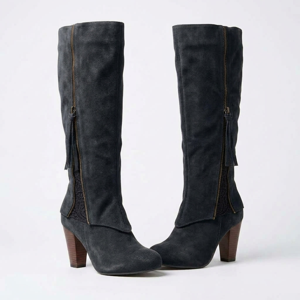 Rosalie | Vintage Lace Inset Heeled Knee High Boots