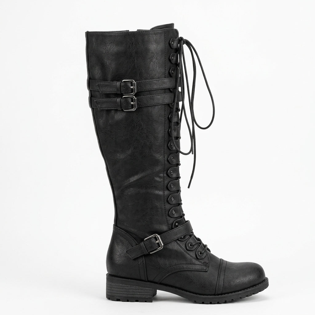 Morwenna | Rugged Buckled Lace-Up Knee High Boots for Women