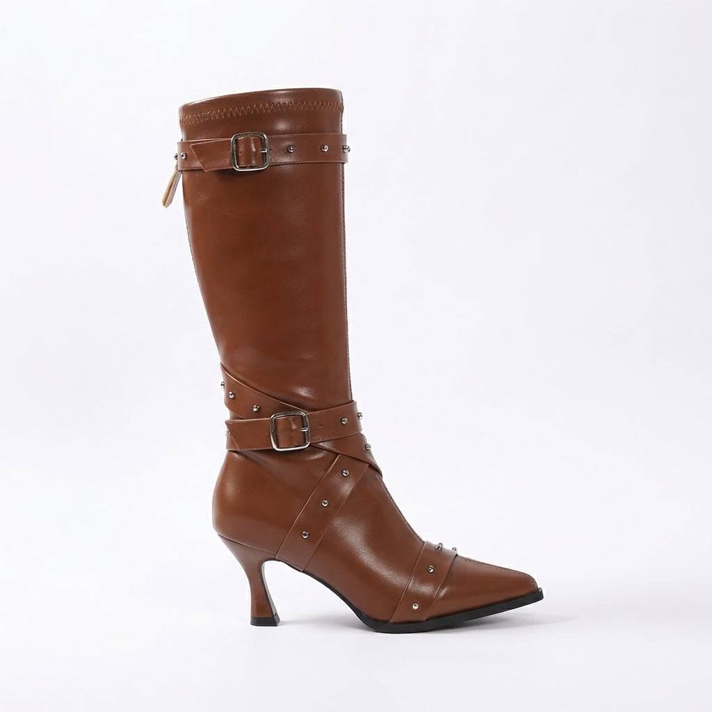 Antonia | Sharp Pointed Toe Heeled Knee High Boots for Women