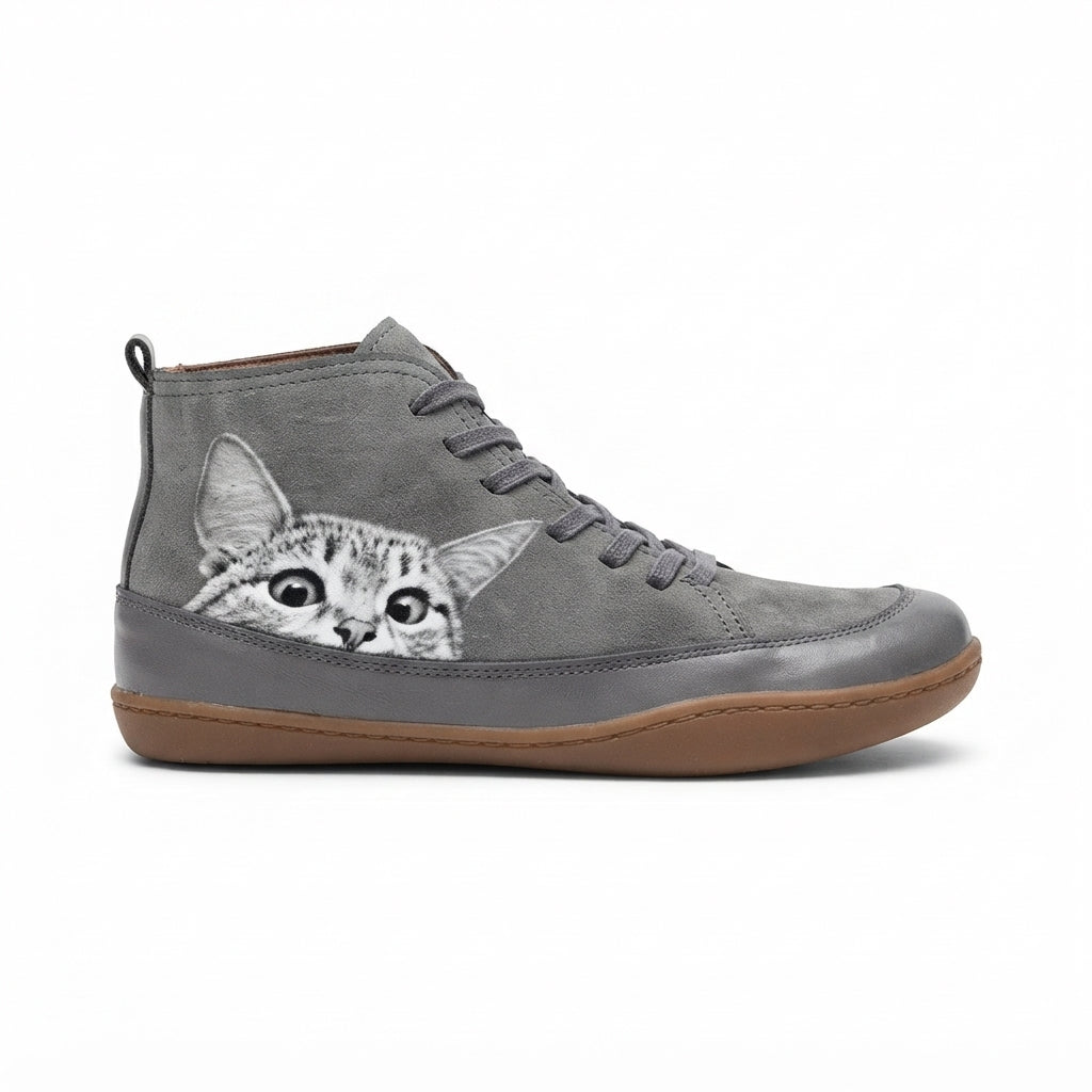 Kitty | Comfortable Cat Print Lace-Up Ankle Boots