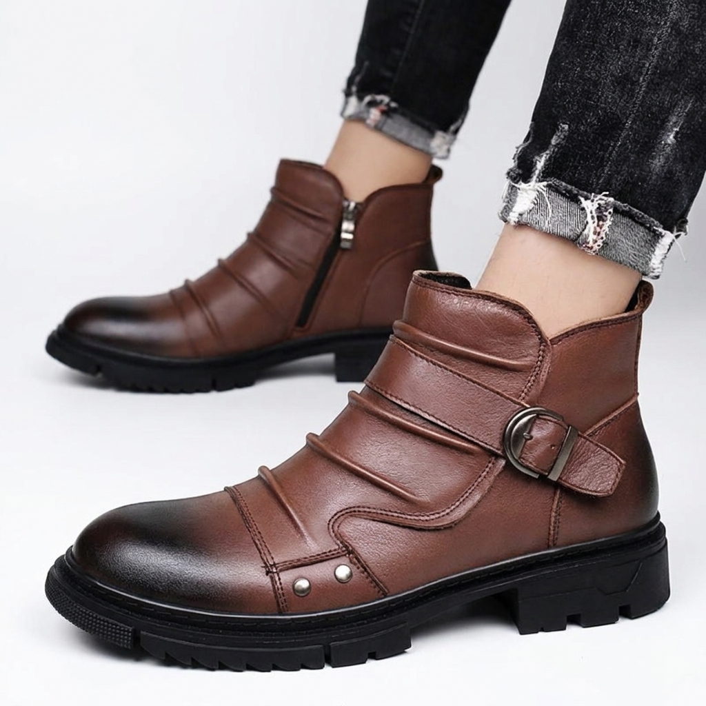 Barnaby | Rugged Leather Buckle Biker Boots for Men