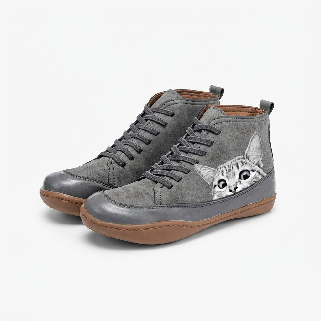 Kitty | Comfortable Cat Print Lace-Up Ankle Boots