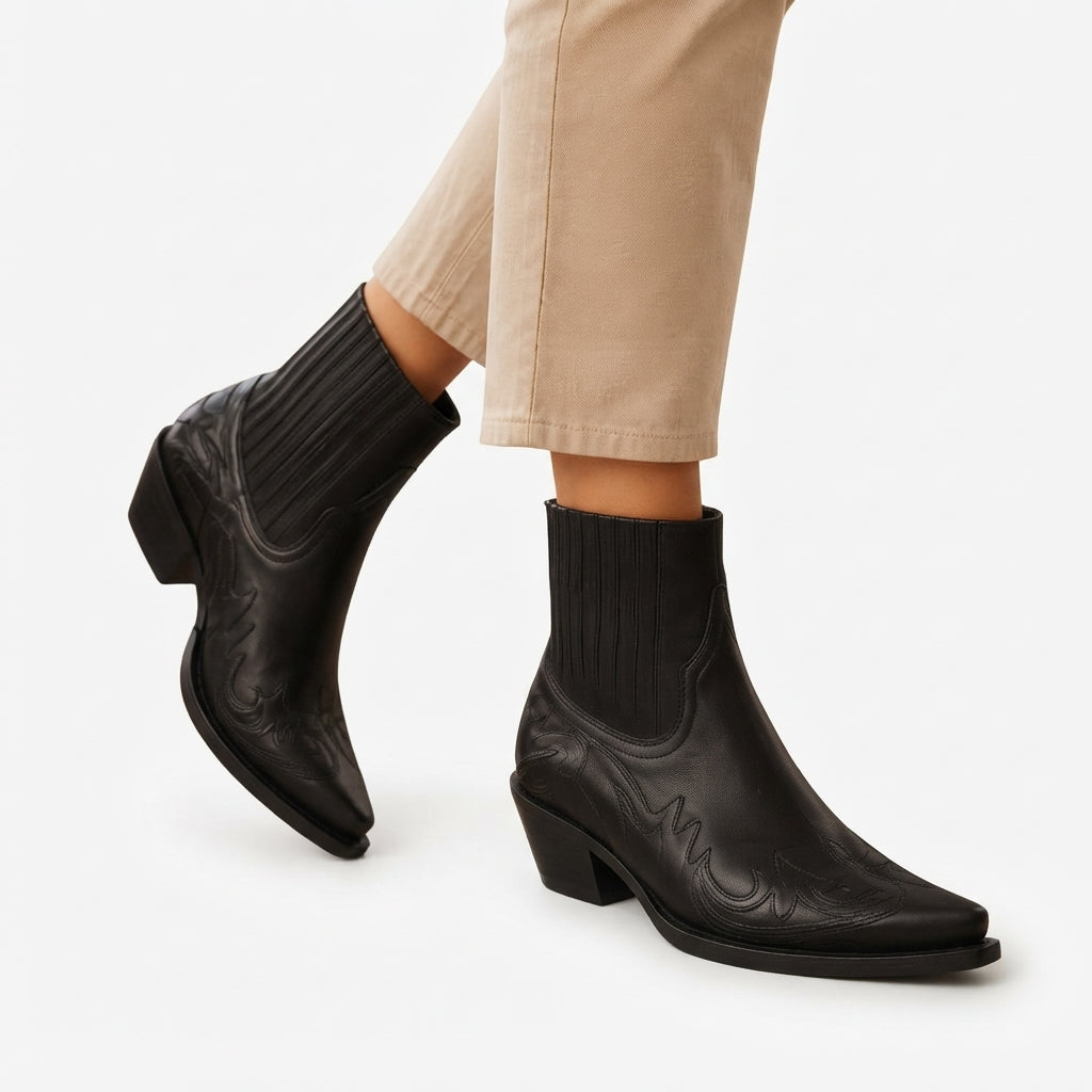 Seraphina | Sharp Leather Cowboy Chelsea Ankle Boots for Women