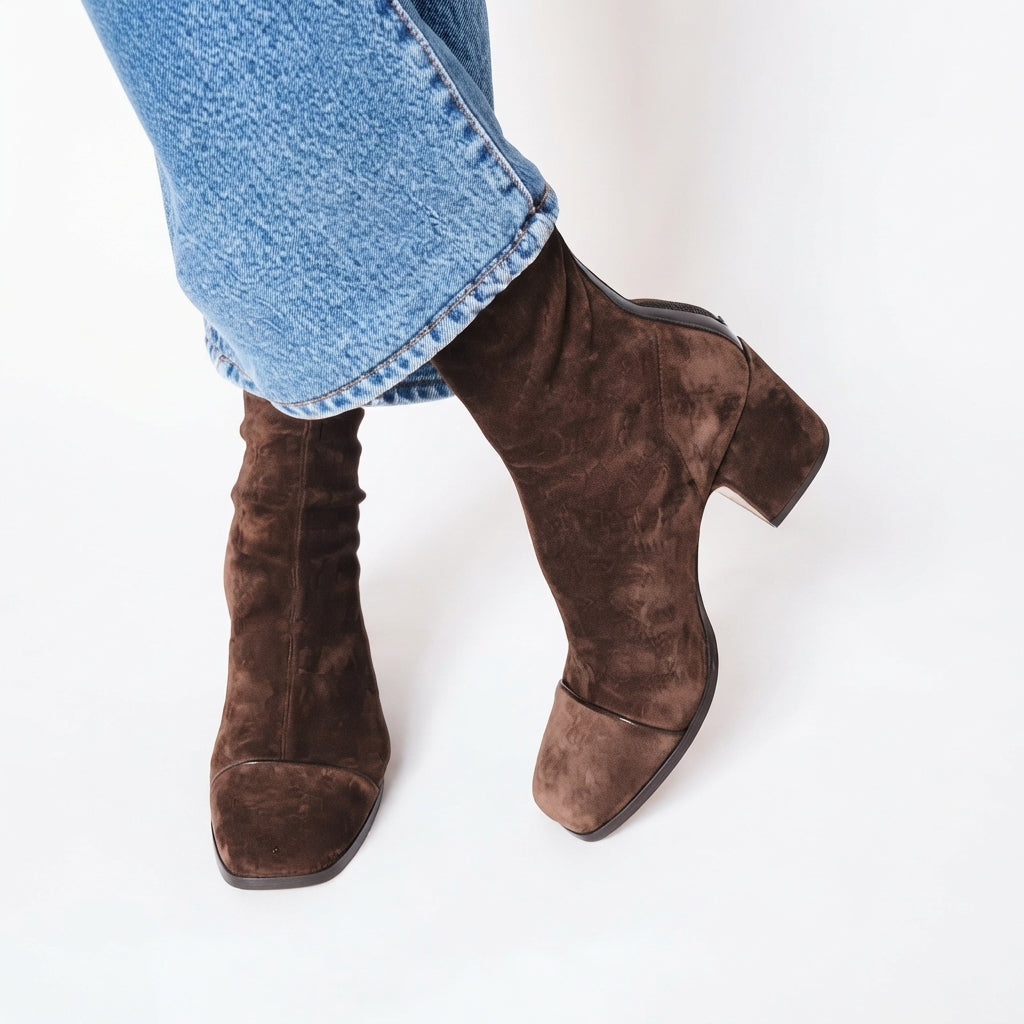 Genevieve | Polished Square Toe Suede Heeled Ankle Boots for Women
