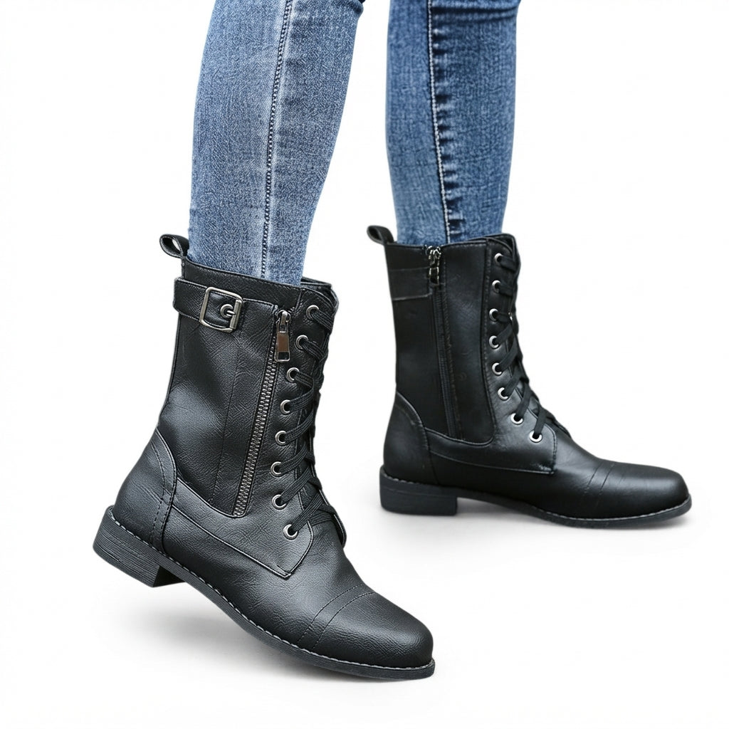 Everly | Sturdy Lace-Up Buckle Biker Boots for Women