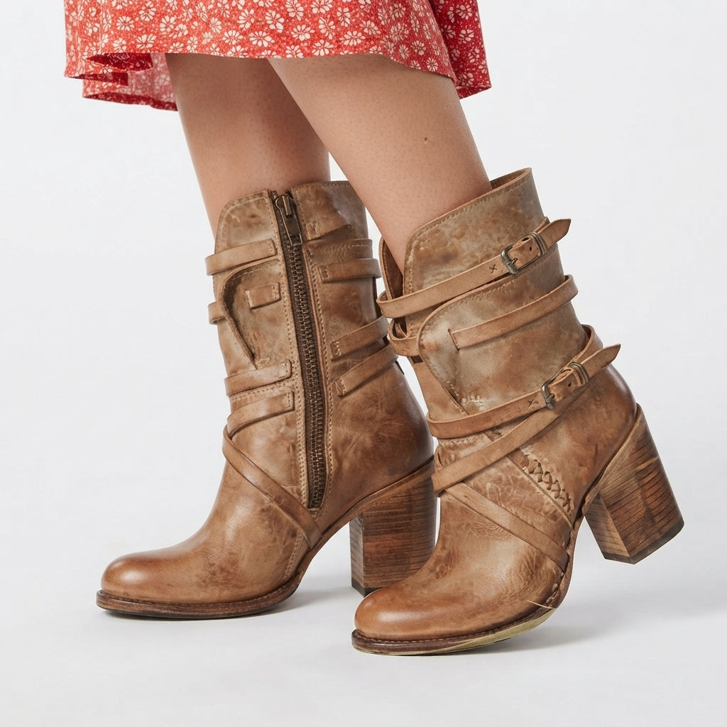 Marceline | Rugged Buckle Strap Biker Boots for Women