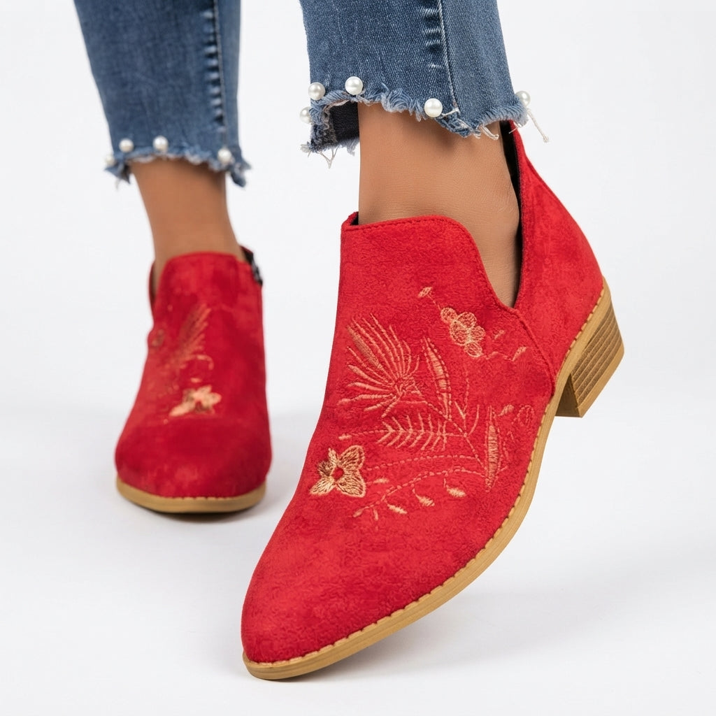 Una | Vintage Embroidered Suede Heeled Ankle Boots for Women