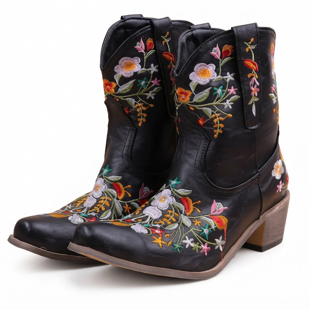 Beatrix | Vintage Embroidered Heeled Ankle Cowboy Boots for Women