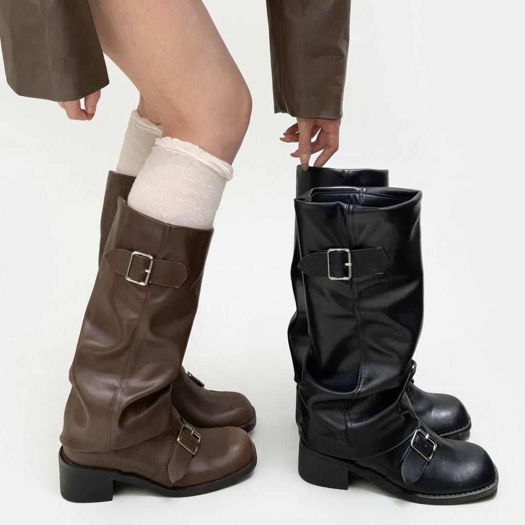 Hazel | Casual Slouch Buckle Biker Boots for Women