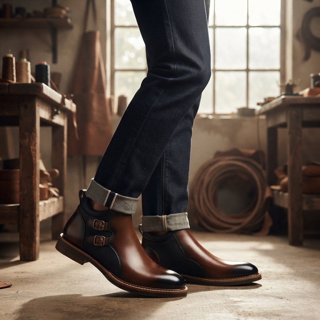 Stanley | Polished Double-Buckle Leather Ankle Boots for Men