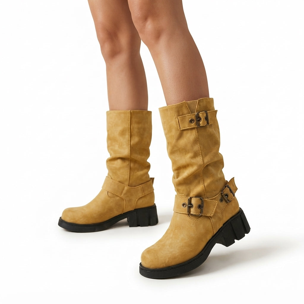 Marcella | Rugged Chunky Slouch Biker Boots for Women
