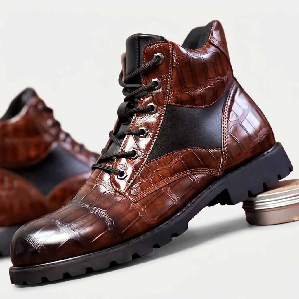 Andrew | Sturdy Croc-Embossed Leather Ankle Boots