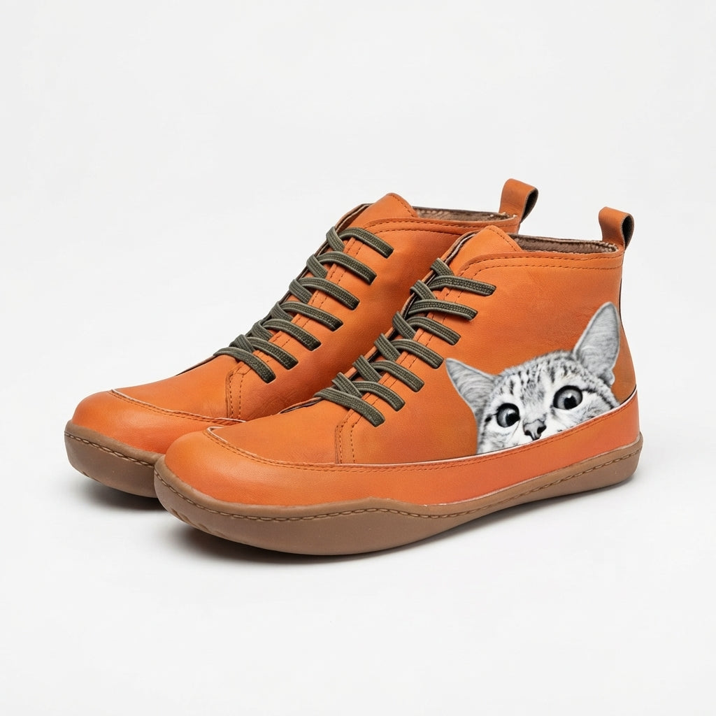 Kitty | Comfortable Cat Print Lace-Up Ankle Boots
