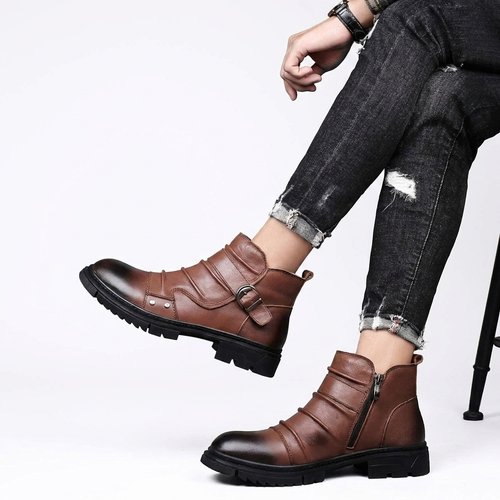 Barnaby | Rugged Leather Buckle Biker Boots for Men