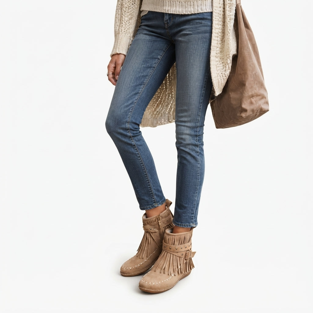 Isla | Relaxed Suede Fringe Ankle Boots for Women