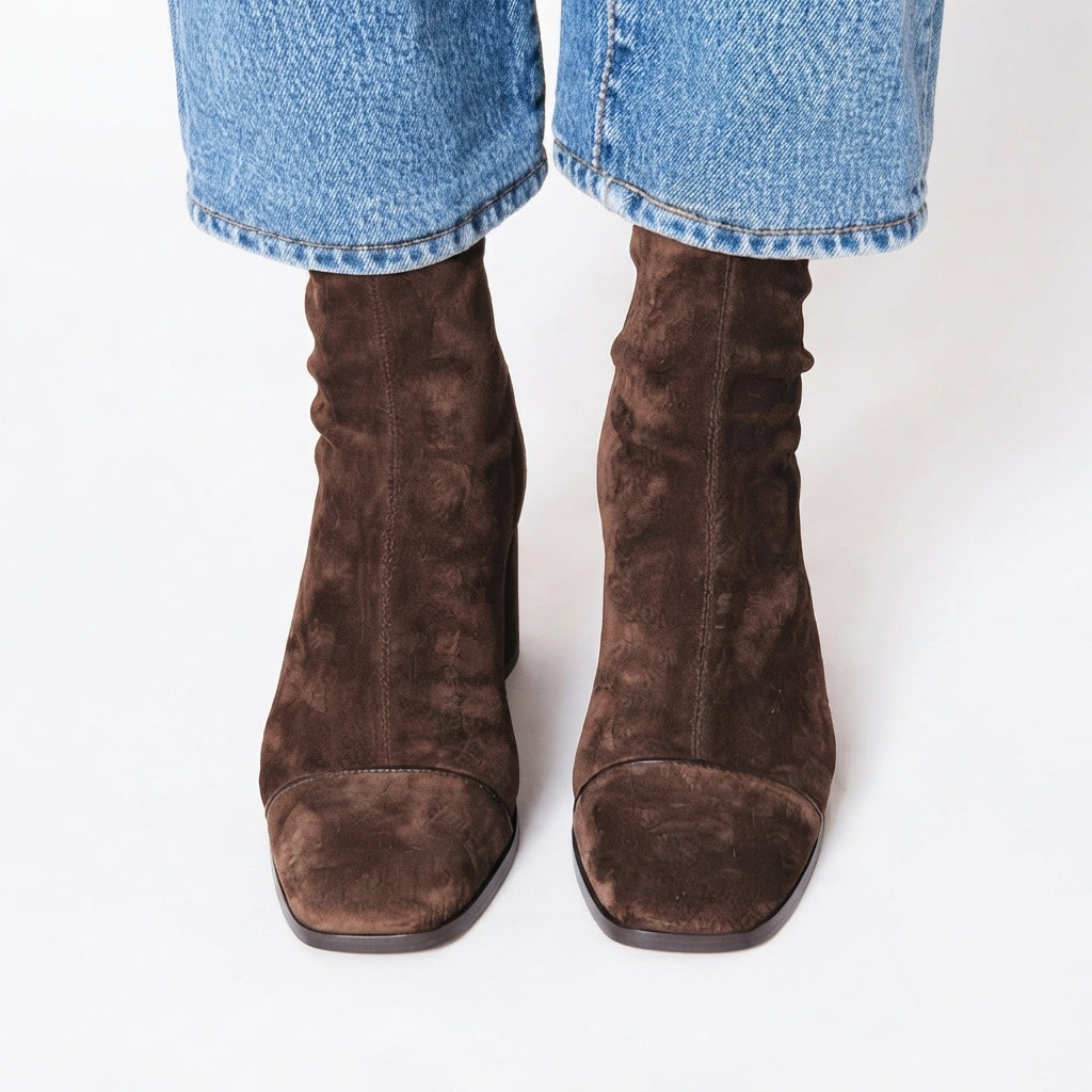 Genevieve | Polished Square Toe Suede Heeled Ankle Boots for Women