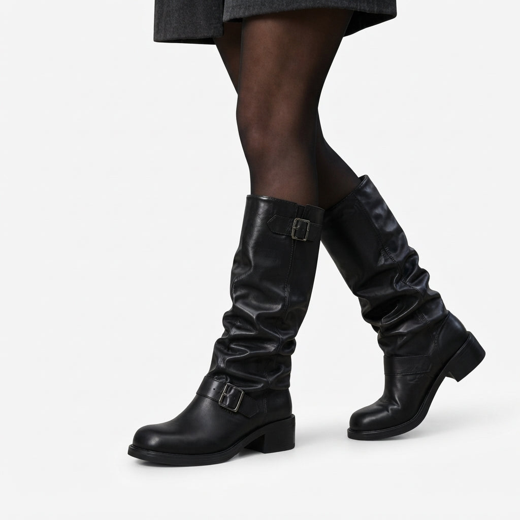 Marcella | Bold Heeled Slouch Biker Boots for Women