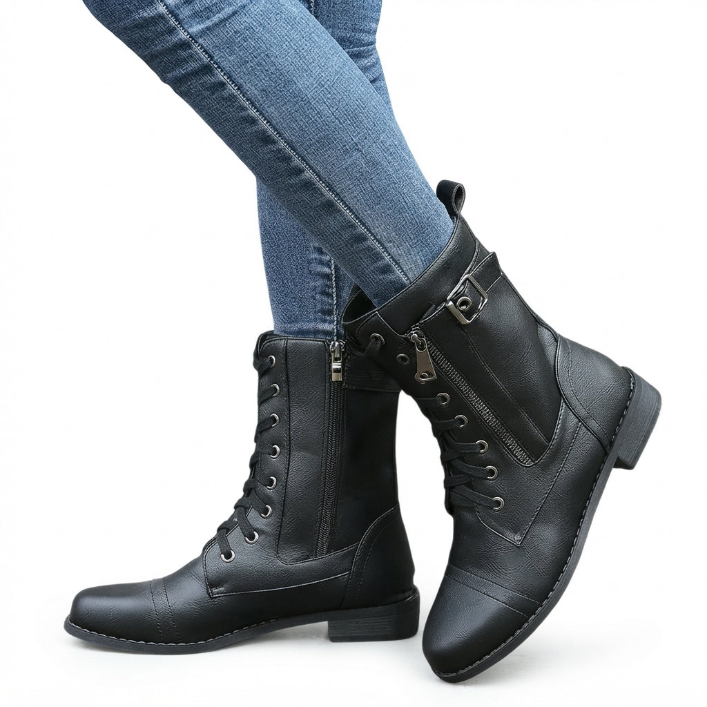 Everly | Sturdy Lace-Up Buckle Biker Boots for Women