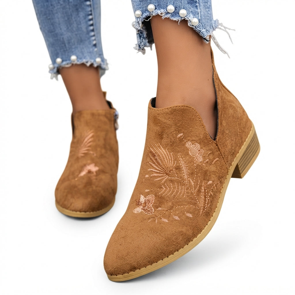 Una | Vintage Embroidered Suede Heeled Ankle Boots for Women
