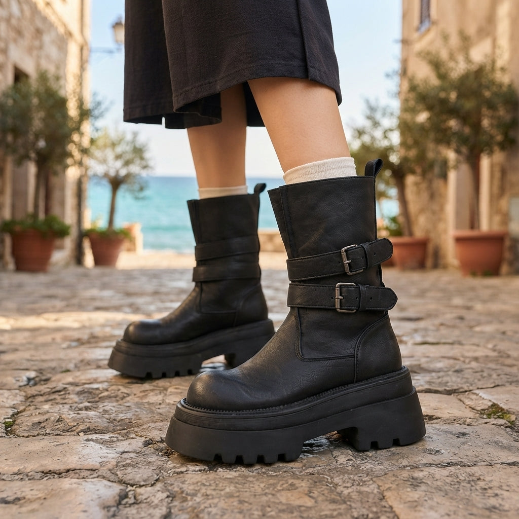 Octavia | Rugged Chunky Platform Biker Boots for Women