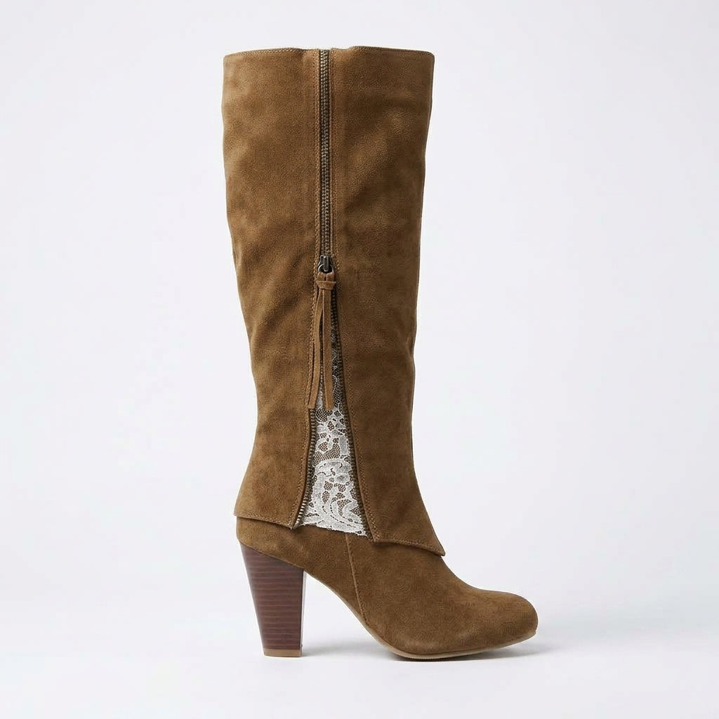 Rosalie | Vintage Lace Inset Heeled Knee High Boots