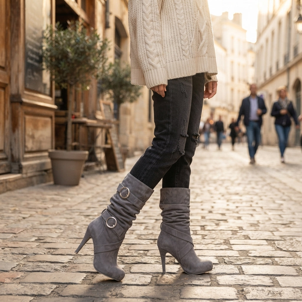 Octavia | Sharp Slouch Suede Knee High Heeled Boots for Women