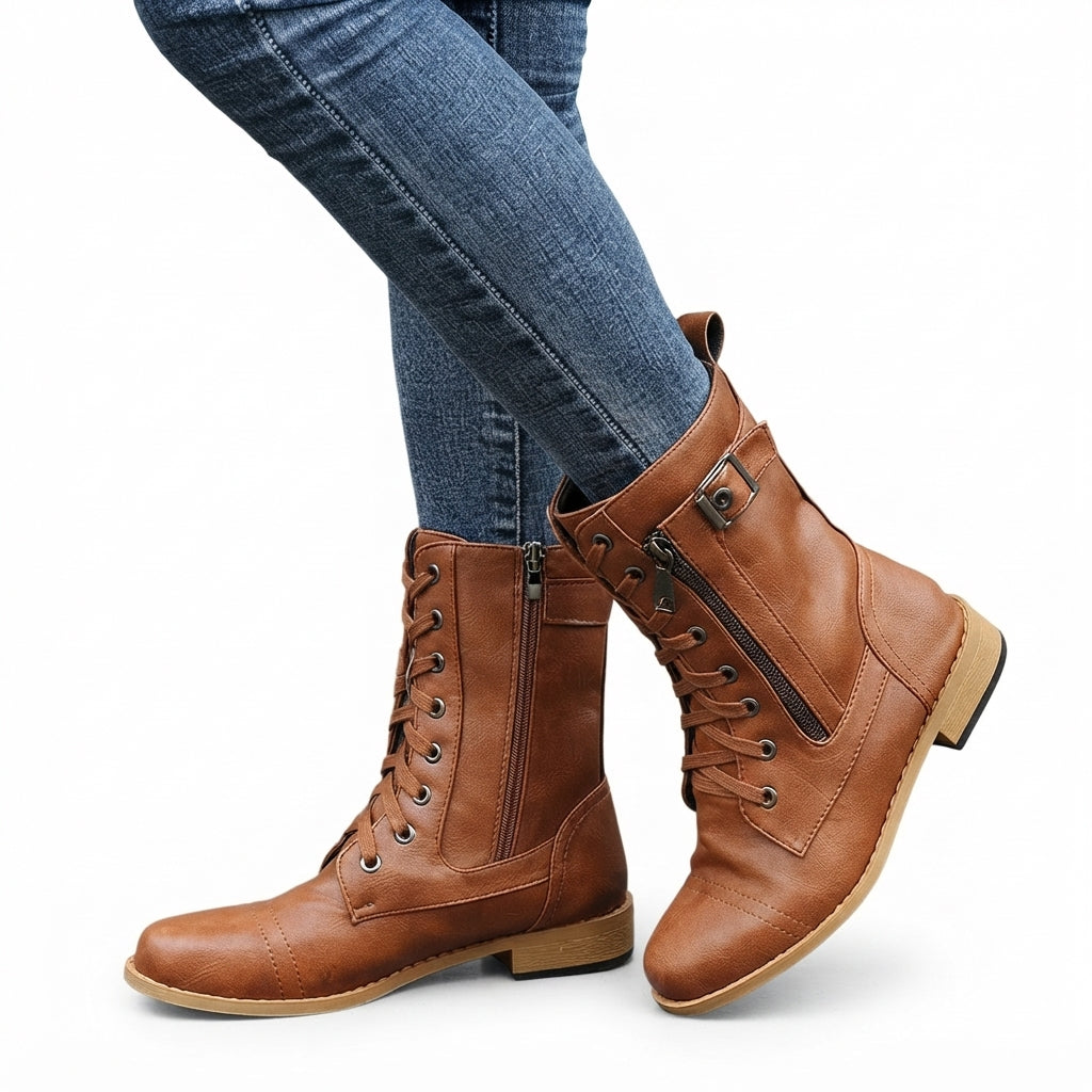 Everly | Sturdy Lace-Up Buckle Biker Boots for Women