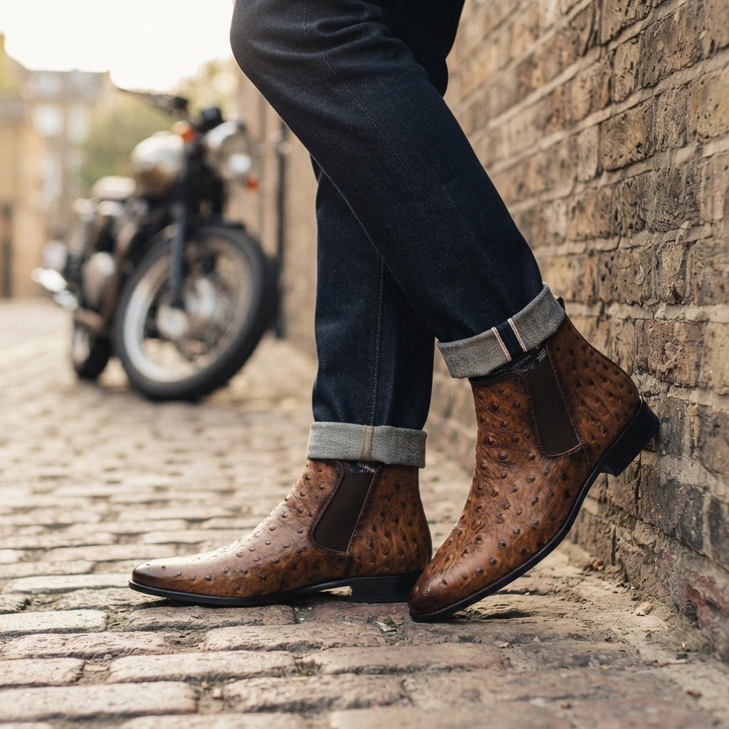 Radcliffe | Polished Ostrich-Embossed Chelsea Boots for Men