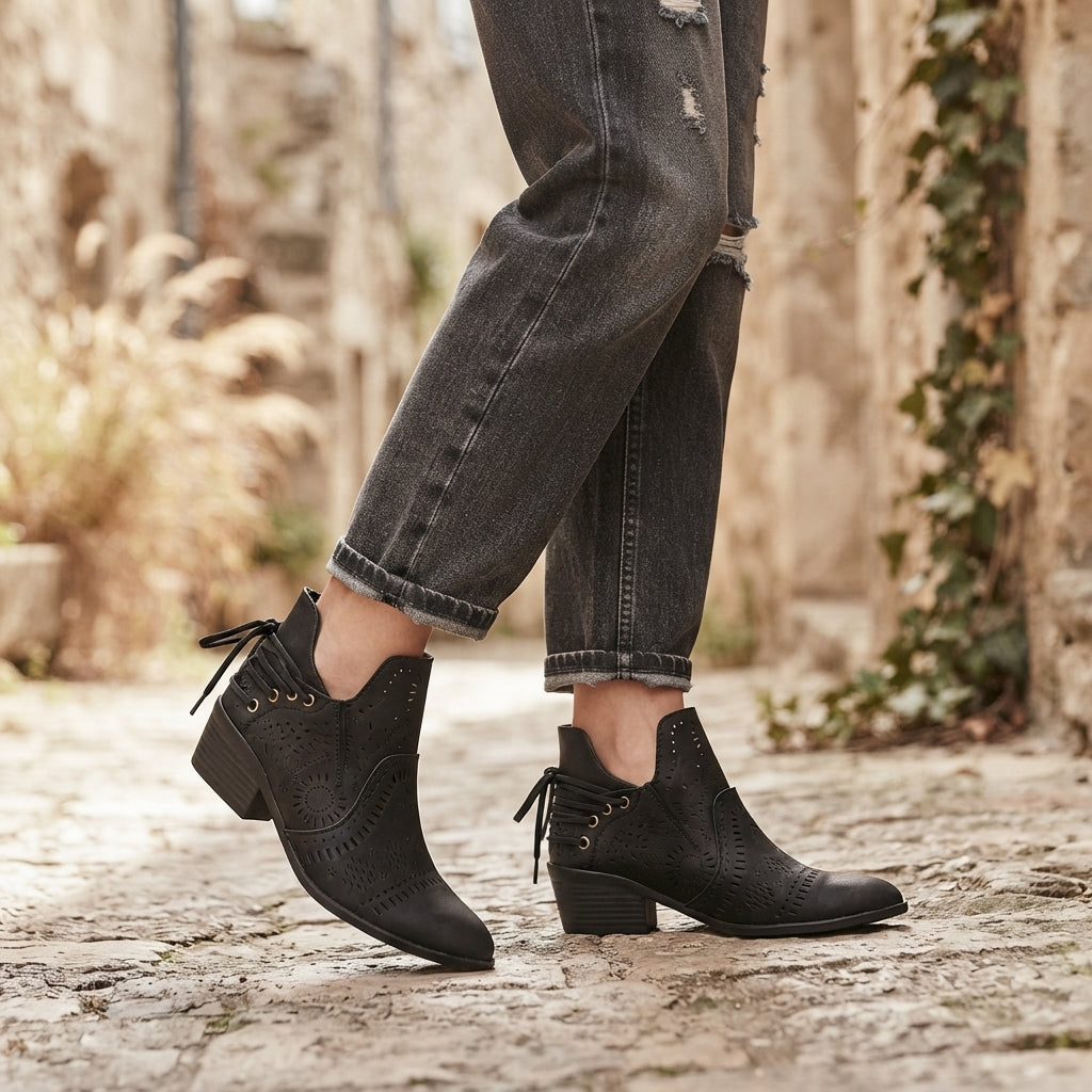 Pearl | Relaxed Cutout Block Heel Western Ankle Boots