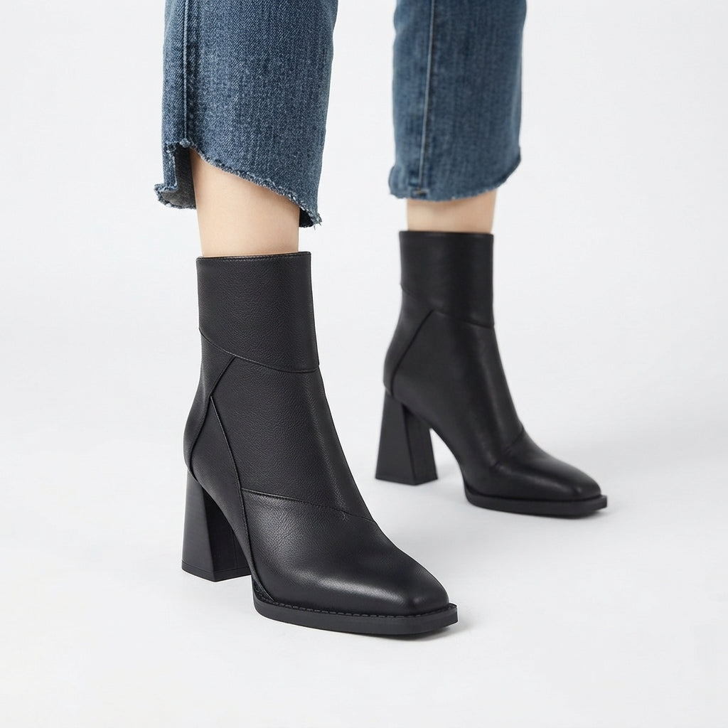 Amelie | Polished Square Toe Heeled Ankle Boots