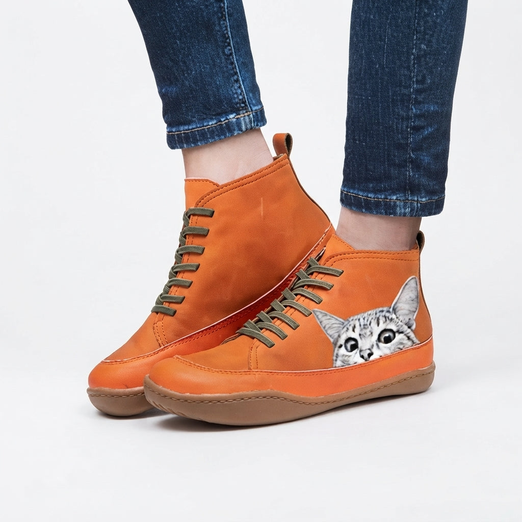 Kitty | Comfortable Cat Print Lace-Up Ankle Boots