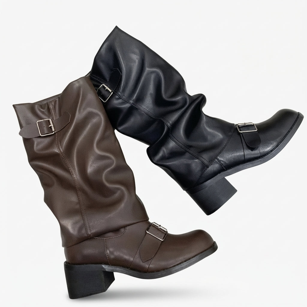 Hazel | Casual Slouch Buckle Biker Boots for Women