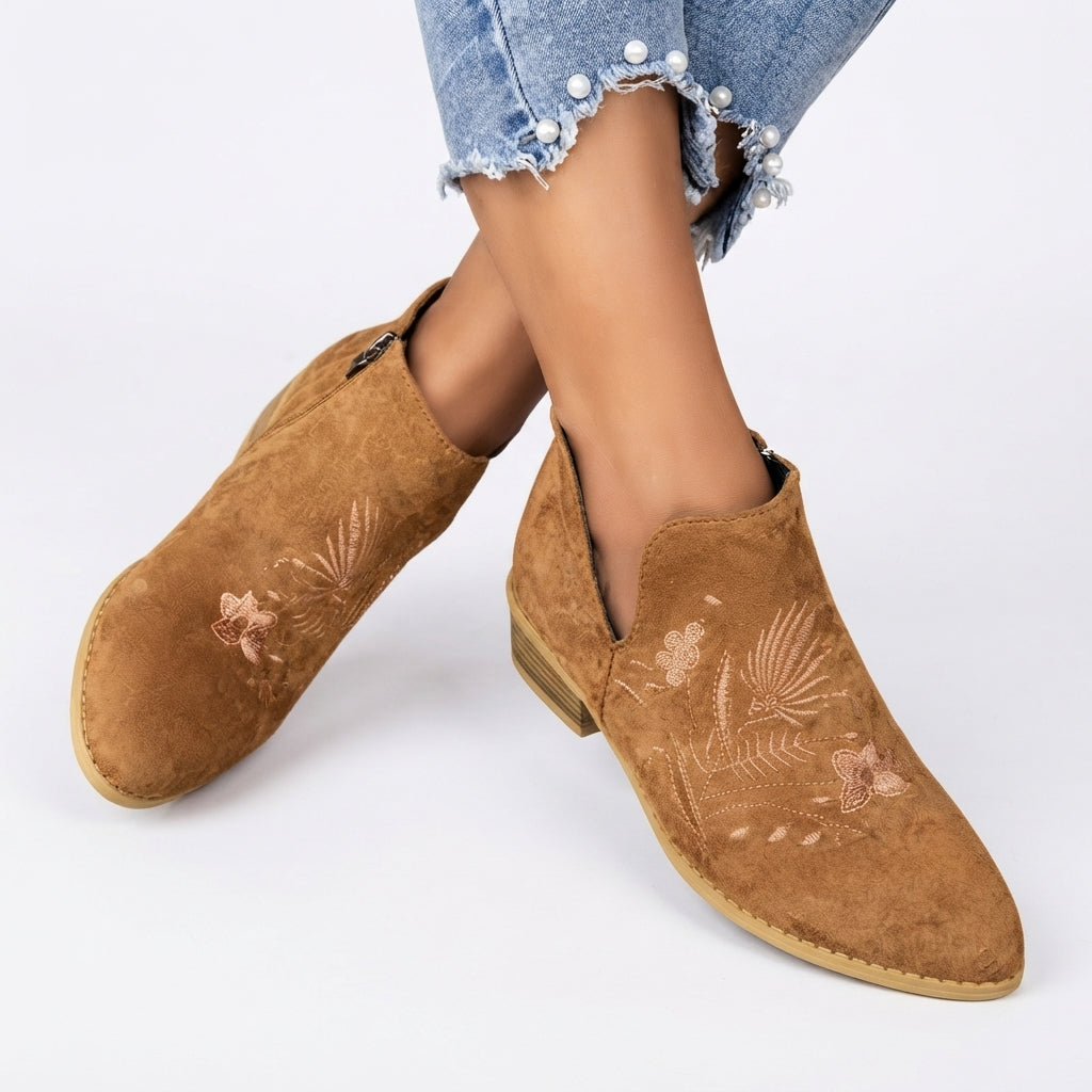Una | Vintage Embroidered Suede Heeled Ankle Boots for Women