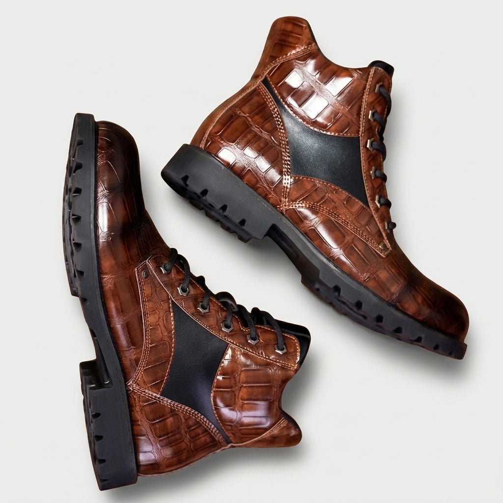 Andrew | Sturdy Croc-Embossed Leather Ankle Boots