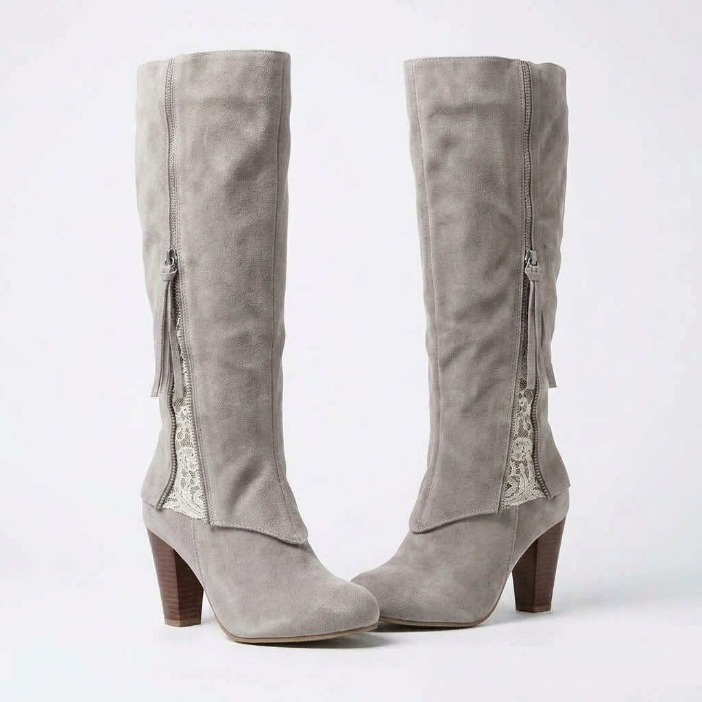 Rosalie | Vintage Lace Inset Heeled Knee High Boots