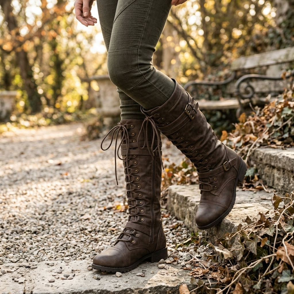 Morwenna | Rugged Buckled Lace-Up Knee High Boots for Women