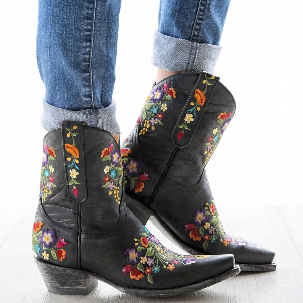 Beatrix | Vintage Embroidered Heeled Ankle Cowboy Boots for Women