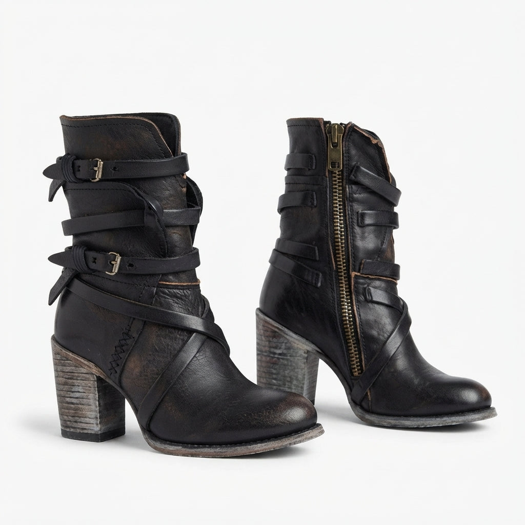 Marceline | Rugged Buckle Strap Biker Boots for Women