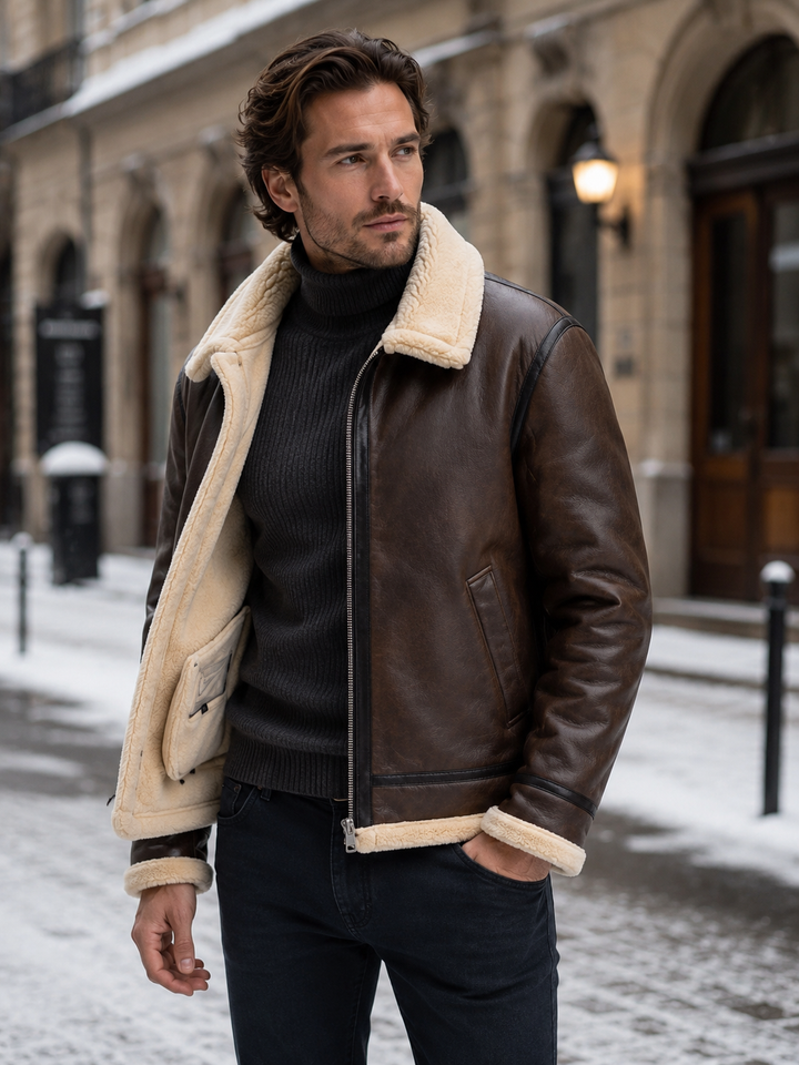 Gavin | Warm Leather Jacket Men Aviator Shearling