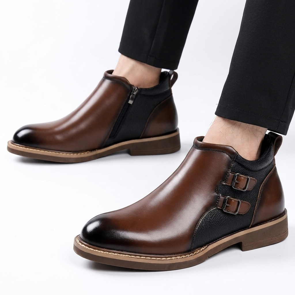 Dominic | Sharp Double Buckle Leather Ankle Boots for Men