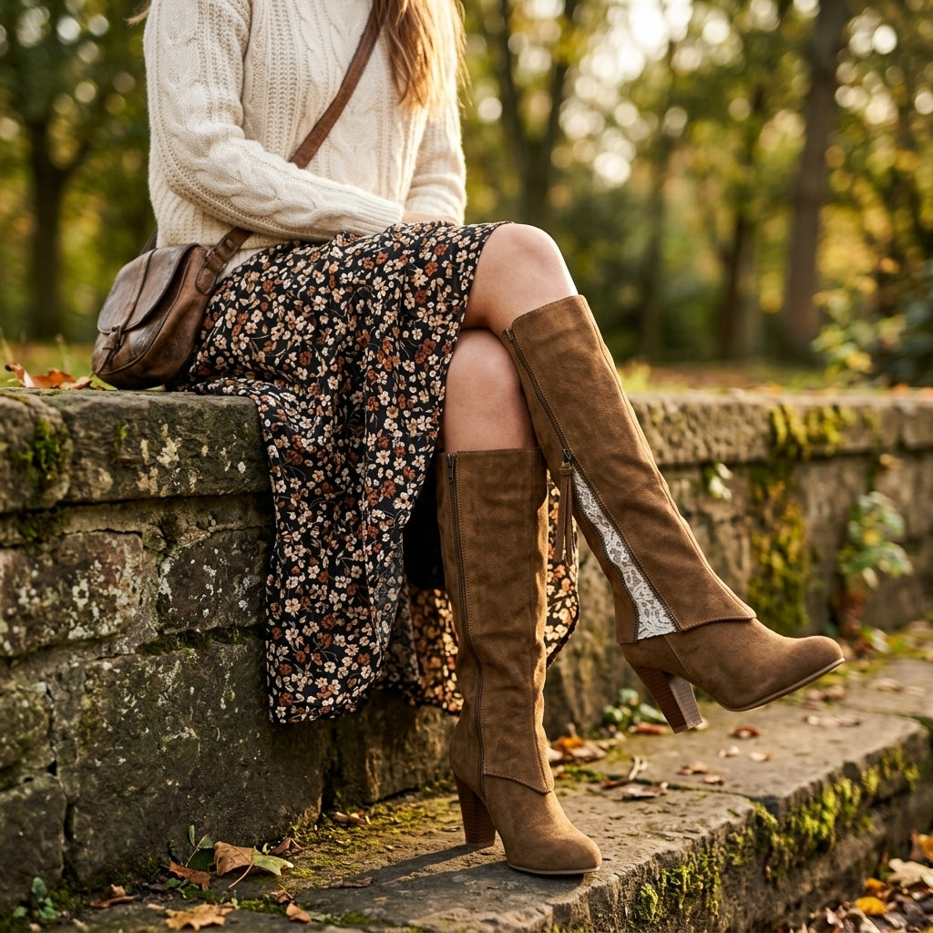 Rosalie | Vintage Lace Inset Heeled Knee High Boots