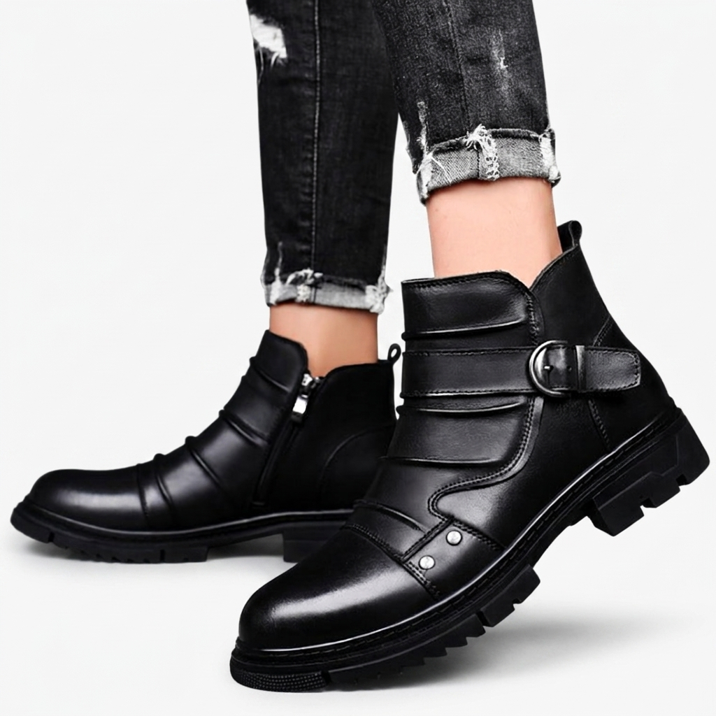 Barnaby | Rugged Leather Buckle Biker Boots for Men