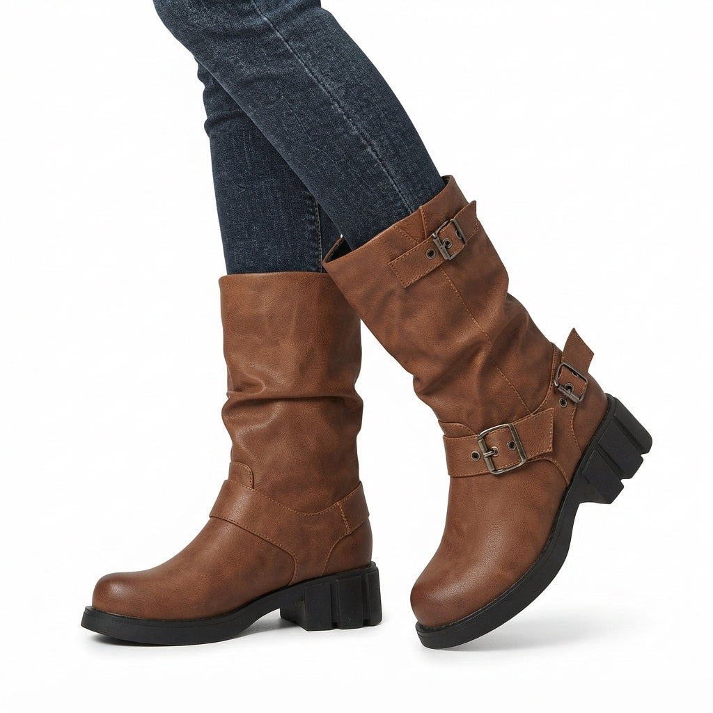 Marcella | Rugged Chunky Slouch Biker Boots for Women