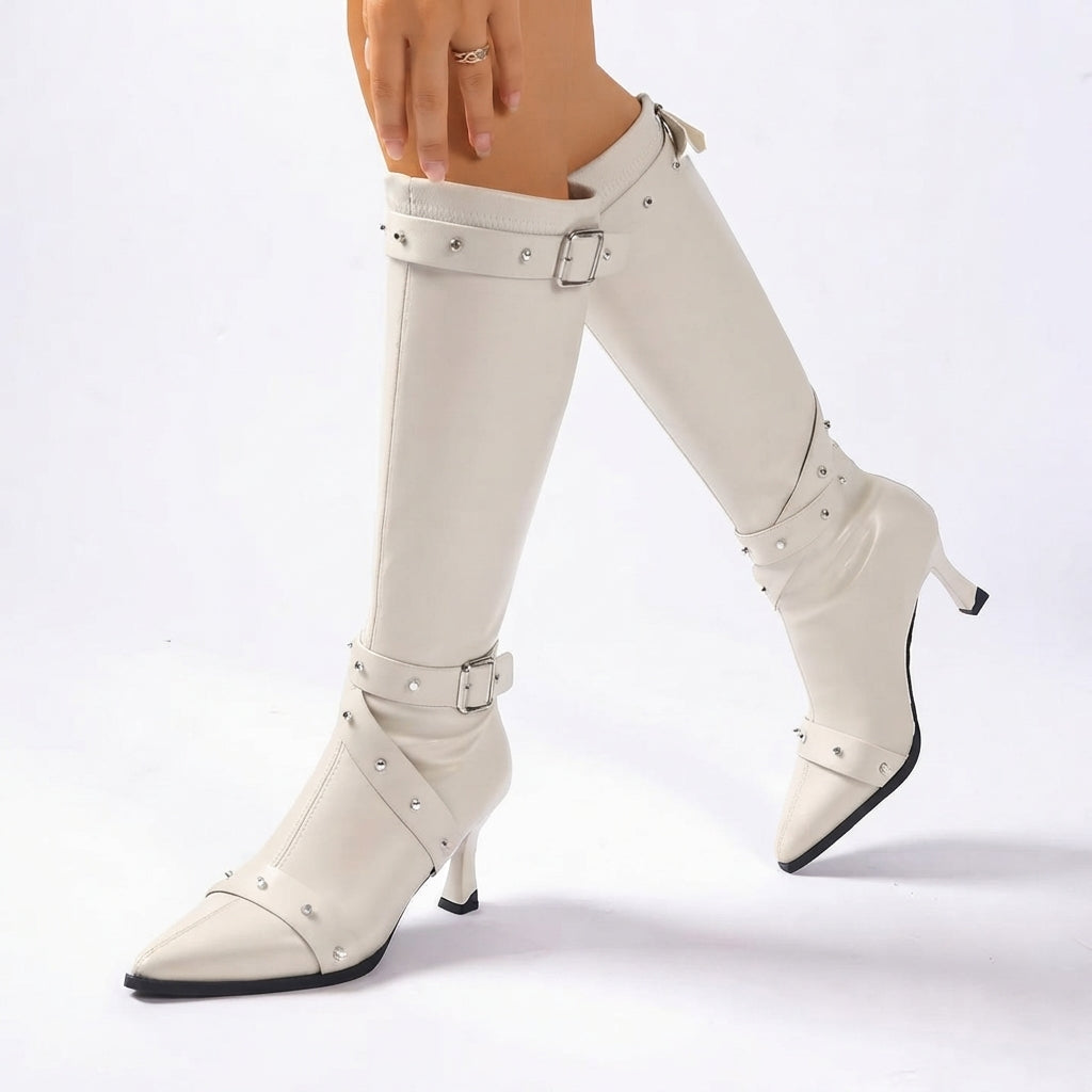 Antonia | Sharp Pointed Toe Heeled Knee High Boots for Women
